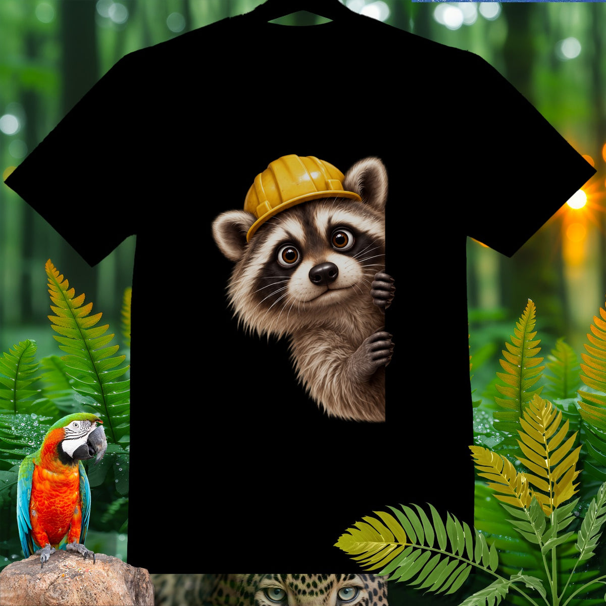 Black t-shirt with a curious raccoon wearing a yellow hard hat peeking from the side.