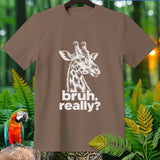 Brown t-shirt with white graphic of a giraffe's head and 