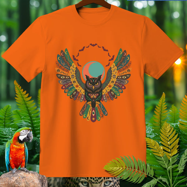 Orange t-shirt with owl and moon Halloween design, surrounded by jungle foliage and animals.