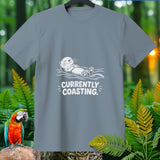 Gray t-shirt with white graphic of otter floating and text 