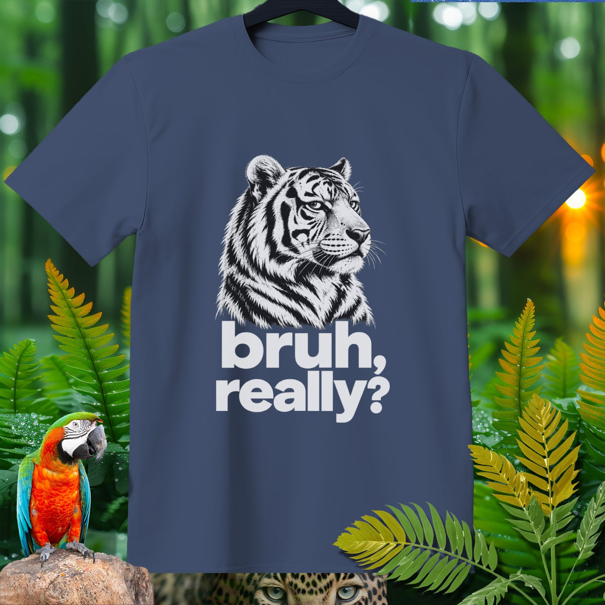 Navy t-shirt with a white tiger graphic and text "bruh, really?".