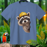 T-shirt with a cute cartoon raccoon wearing a yellow hard hat peeking from the side.