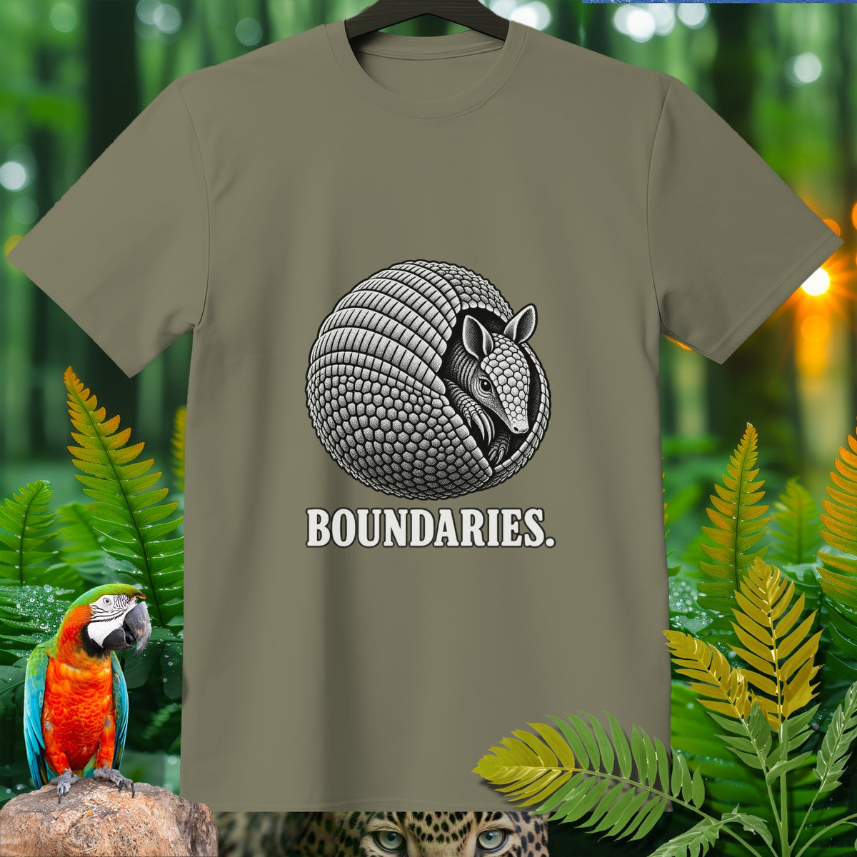 Olive green t-shirt with a black and white armadillo curled up and the text "BOUNDARIES."