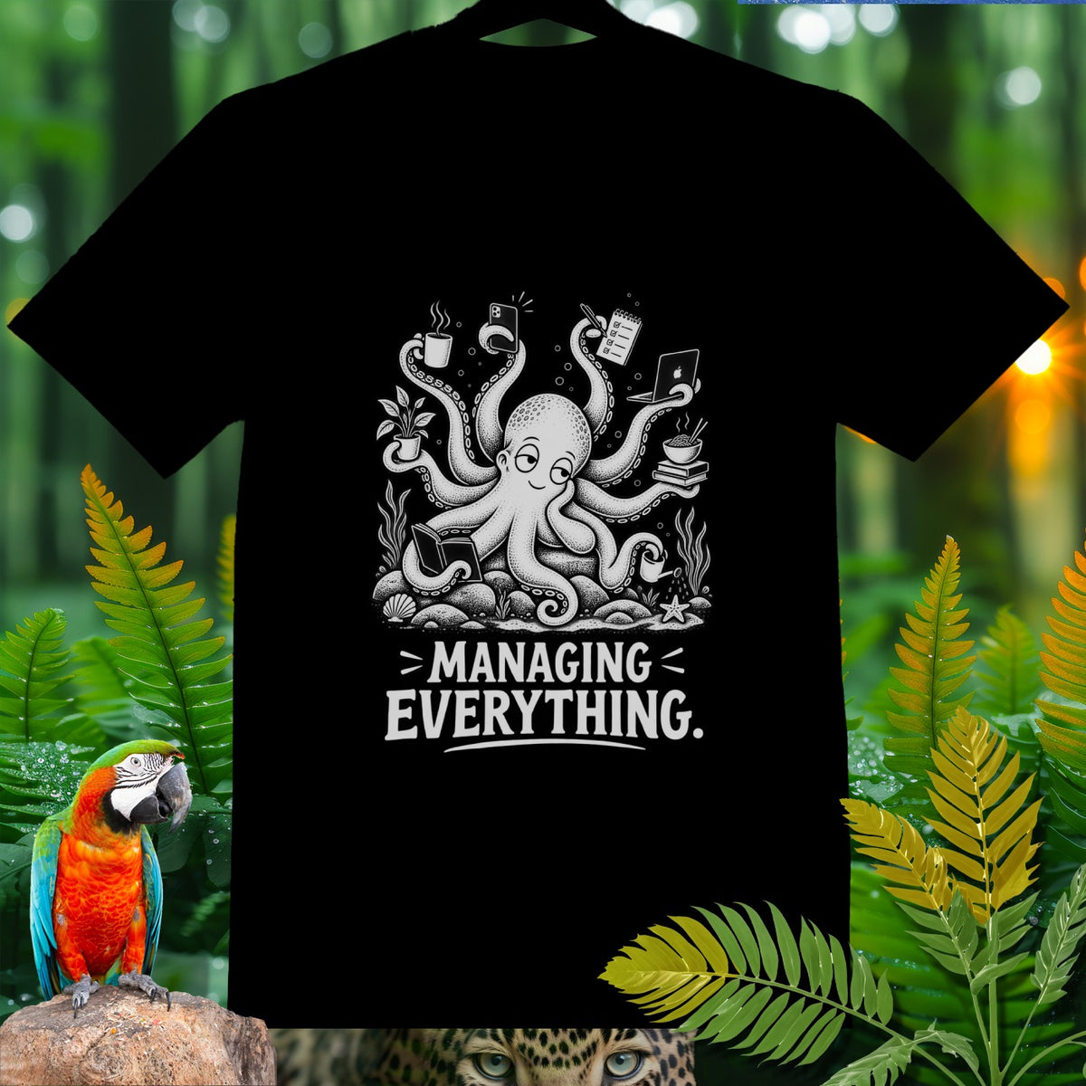 Black t-shirt with octopus graphic and "MANAGING EVERYTHING." text.