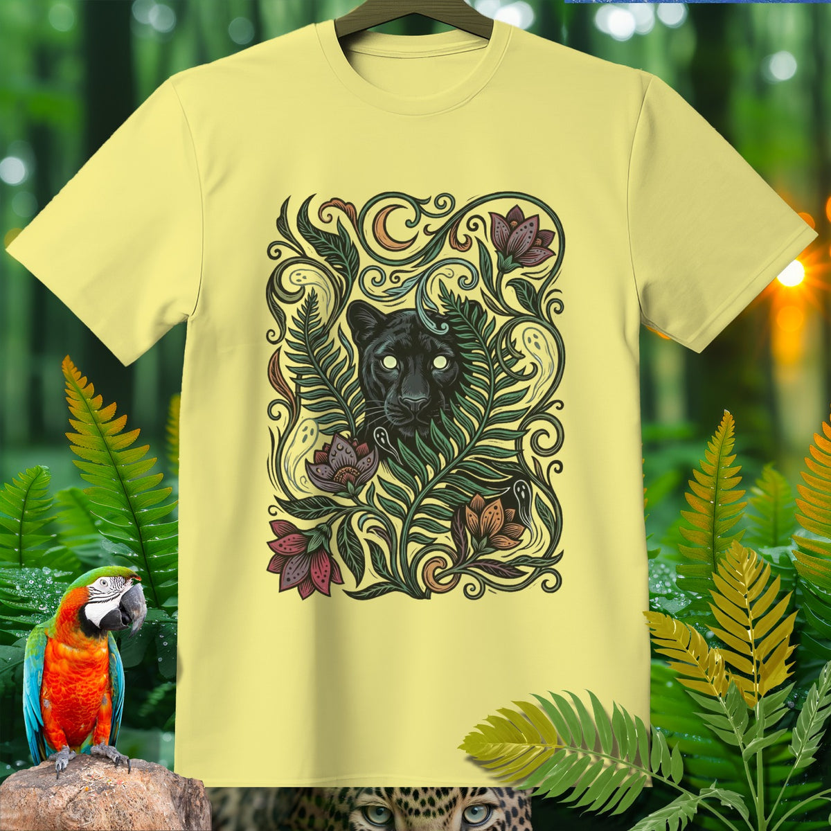 Pale yellow t-shirt with a black panther and floral design.