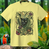 Pale yellow t-shirt with a black panther and floral design.