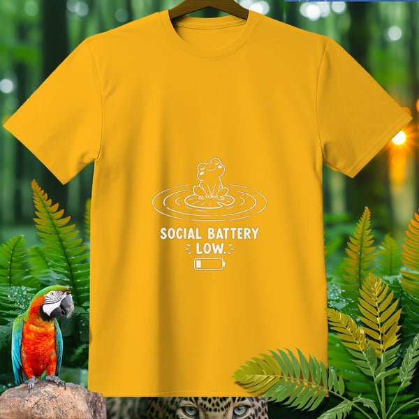 Yellow t-shirt with white graphic of frog on lily pad and text "SOCIAL BATTERY LOW."
