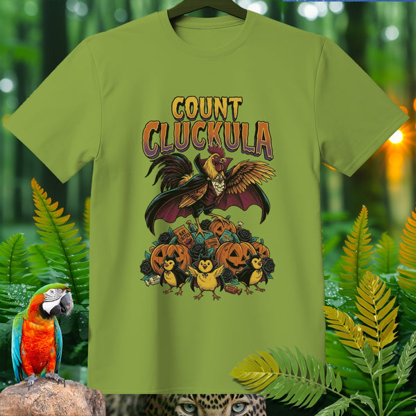 Green t-shirt with "Count Cluckula" graphic featuring a vampire rooster and chicks.