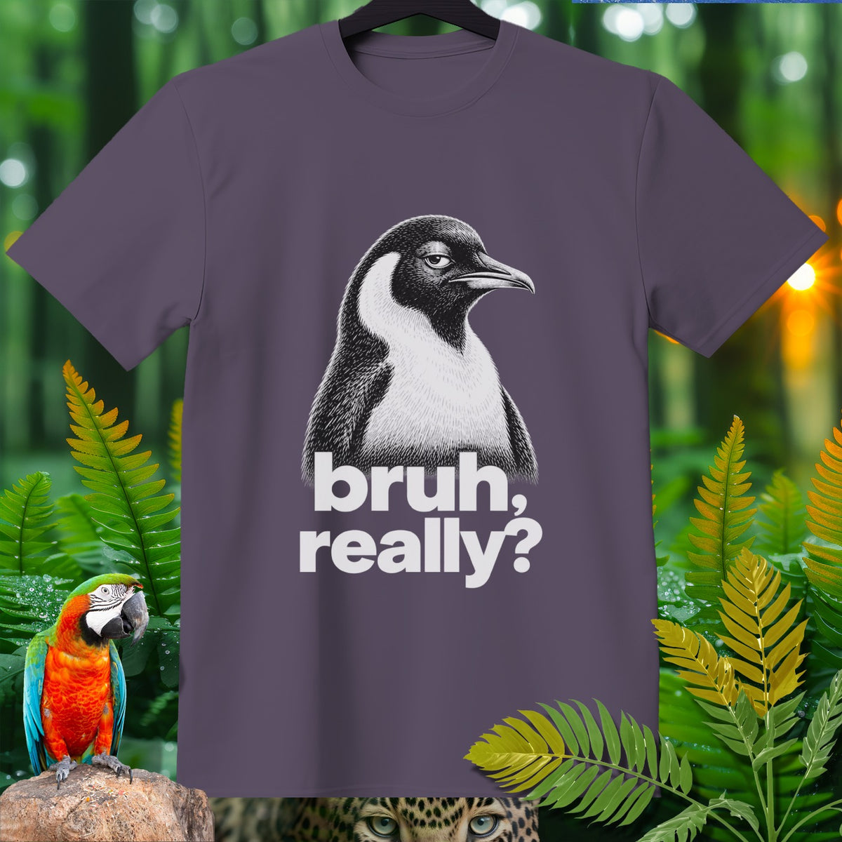 Purple t-shirt with a penguin graphic and the text "bruh, really?"