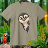 T-shirt with cartoon penguin graphic, macaw, and leopard eye.