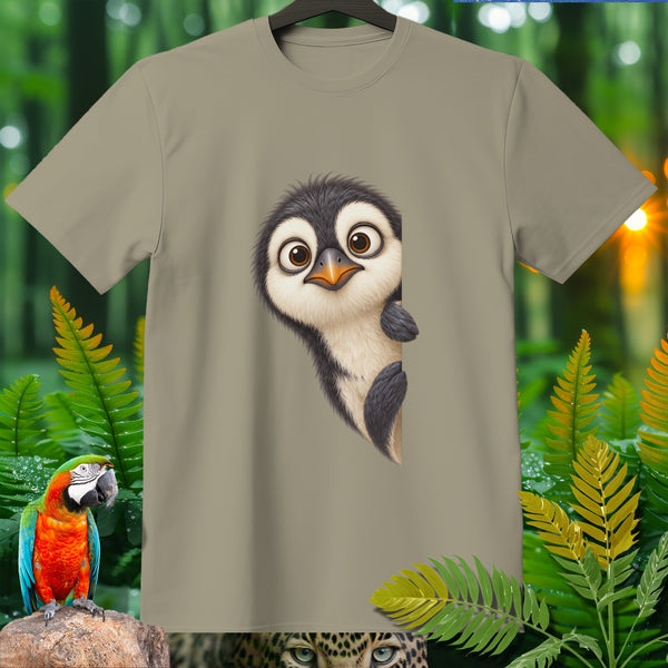 T-shirt with cartoon penguin graphic, macaw, and leopard eye.