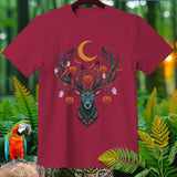 Burgundy t-shirt with a Halloween-themed deer graphic and a crescent moon.
