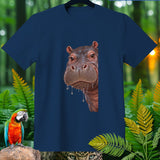 Navy t-shirt with a close-up of a hippopotamus face and dripping water.