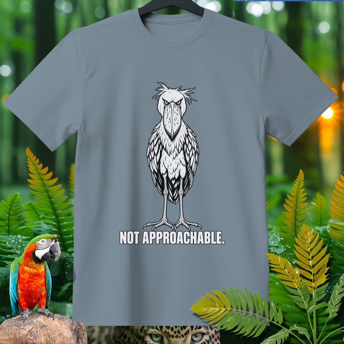T-shirt with shoebill bird graphic and text "NOT APPROACHABLE".