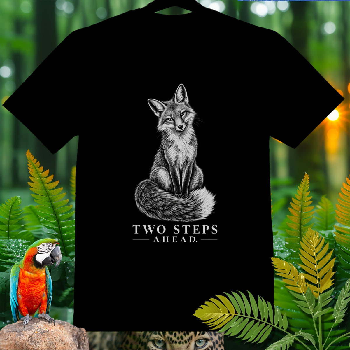 Black t-shirt with a drawing of a fox and text "TWO STEPS AHEAD."