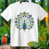 White t-shirt with a peacock design featuring Halloween-themed motifs.