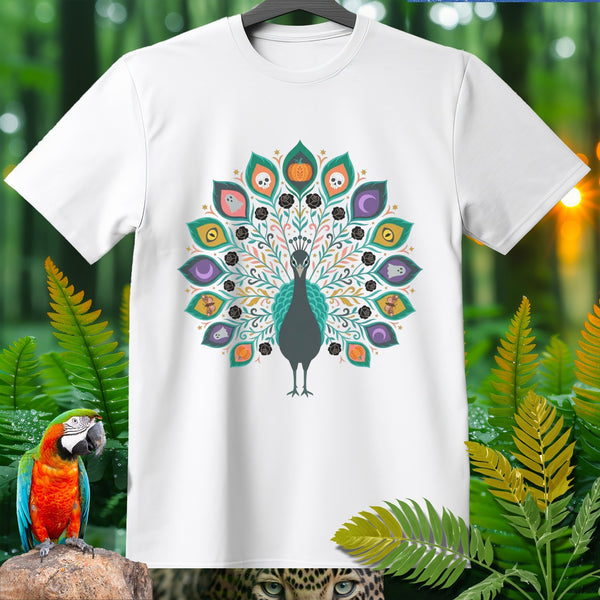 White t-shirt with a peacock design featuring Halloween-themed motifs.
