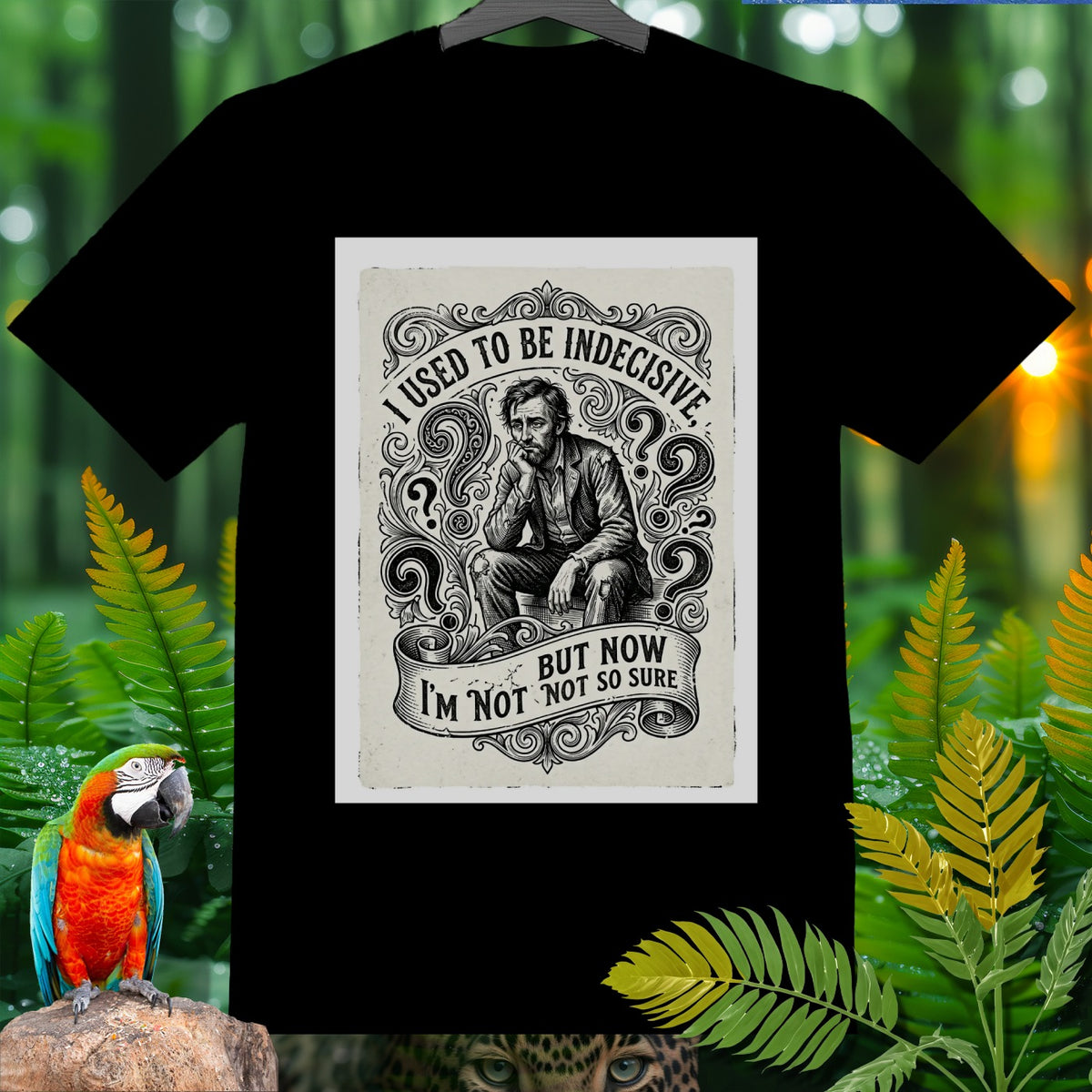Black t-shirt with vintage illustration: "I used to be indecisive, but now I'm not so sure."
