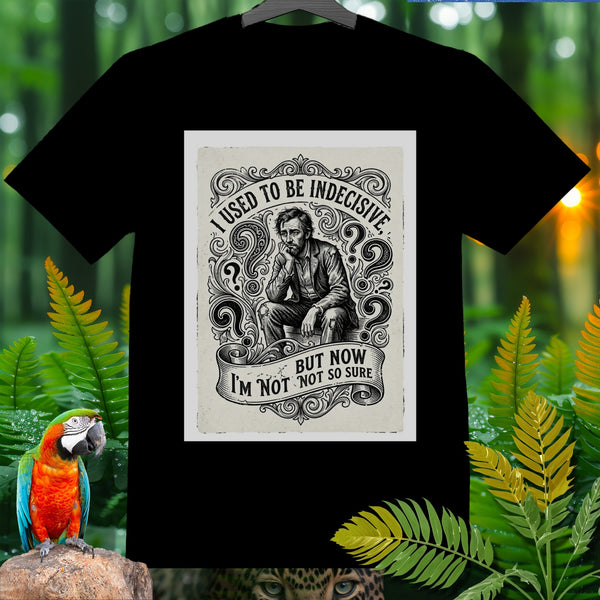 Black t-shirt with vintage illustration: "I used to be indecisive, but now I'm not so sure."