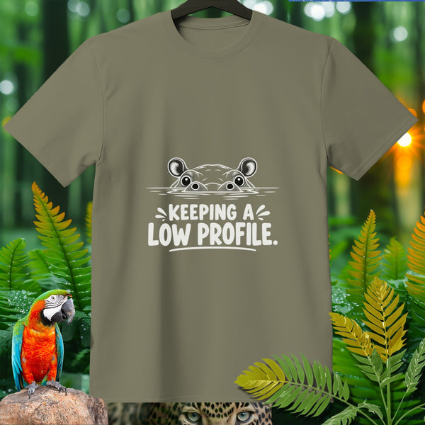 Olive t-shirt with cartoon hippo and text "KEEPING A LOW PROFILE."