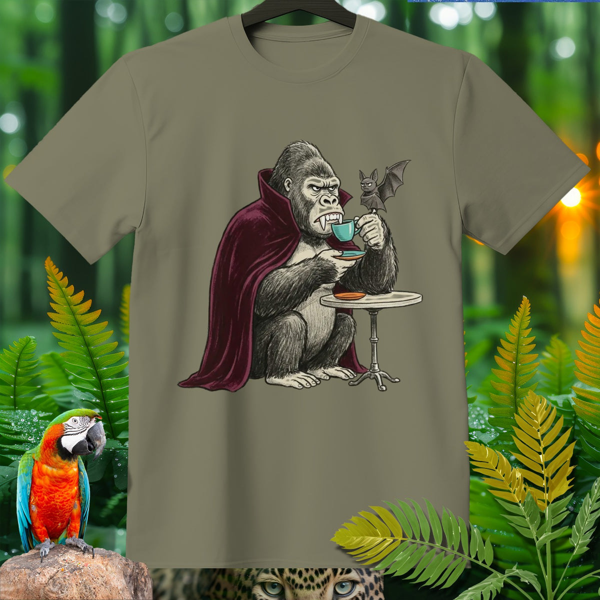 Gorilla in a cape drinks coffee with a bat at a tiny table.