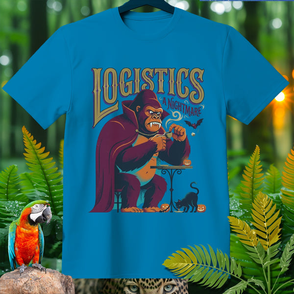 Blue t-shirt with a vampire gorilla drinking coffee and text "LOGISTICS A NIGHTMARE".