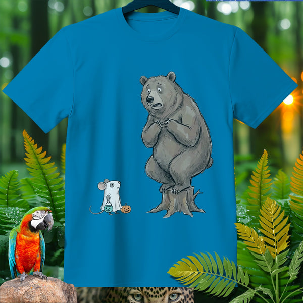 Cartoon bear on tree stump next to mouse in ghost costume with pumpkin.
