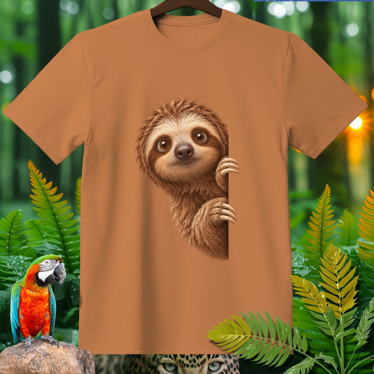 Brown t-shirt with a cute sloth peeking from the side, jungle background.