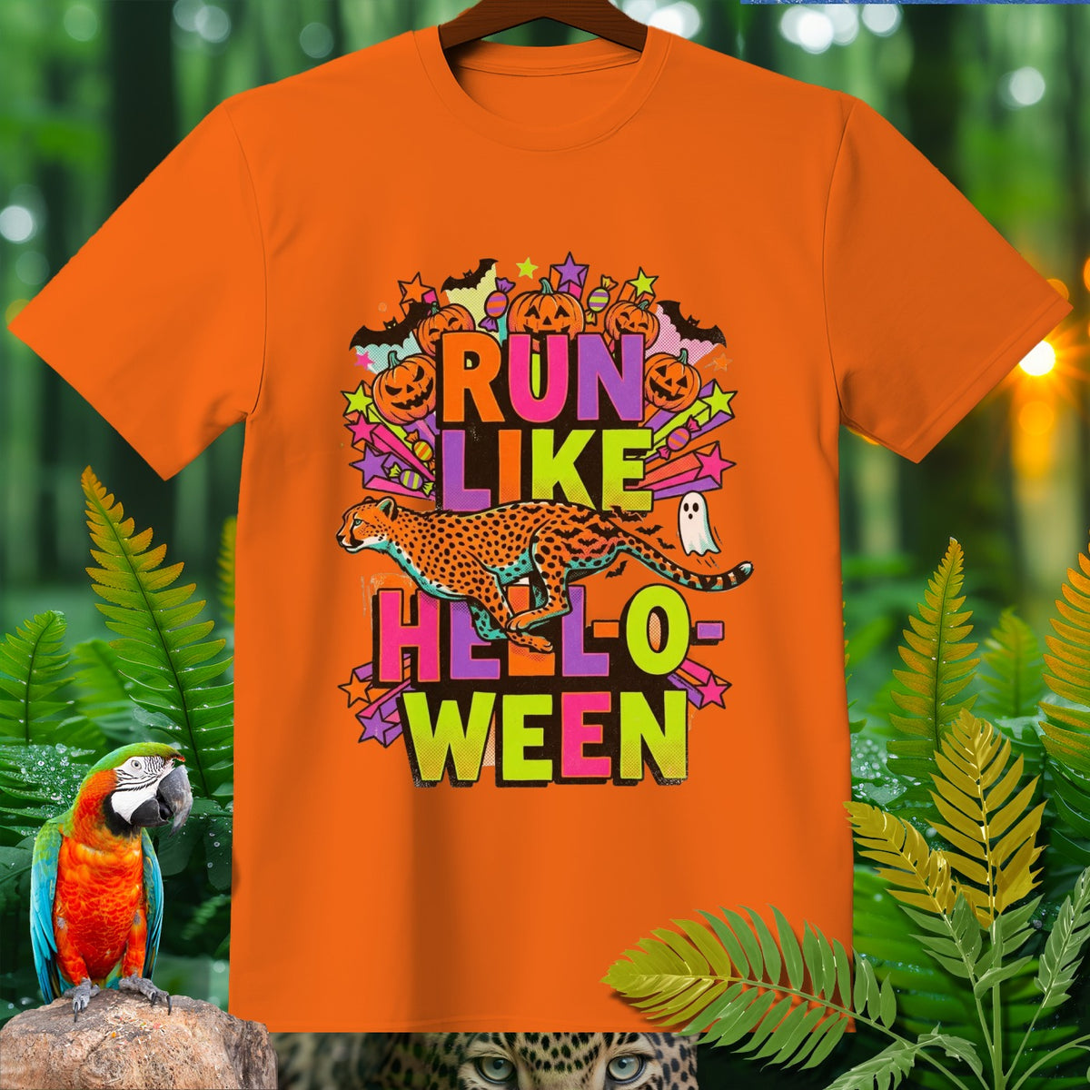 Orange t-shirt with "RUN LIKE HELLO WEEN" and cheetah Halloween graphic.
