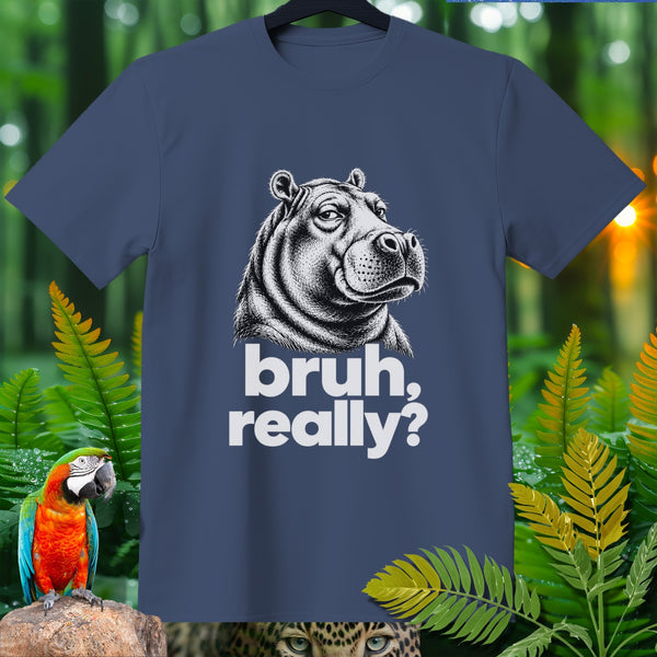 T-shirt with a black and white hippo graphic and "bruh, really?" text.