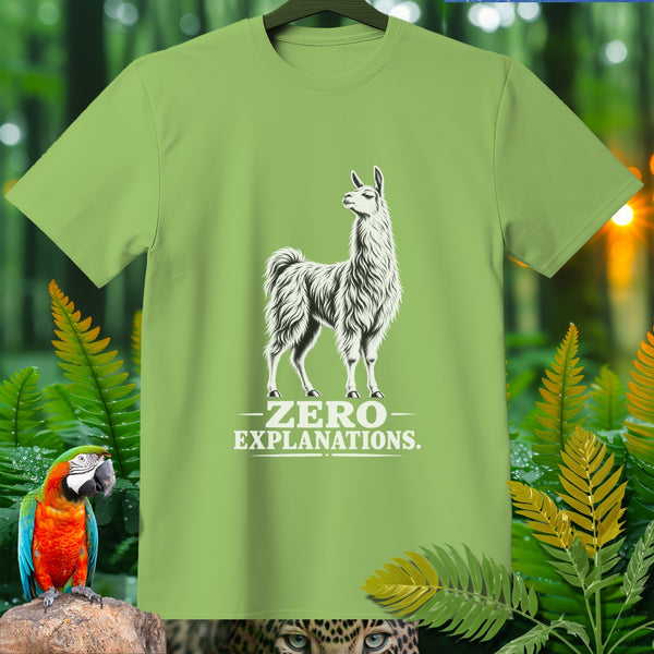 Light green t-shirt with a llama graphic and "Zero Explanations" text.