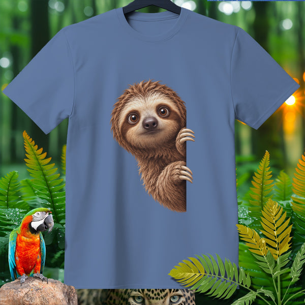 Blue t-shirt with a cute sloth peeking out from the side.
