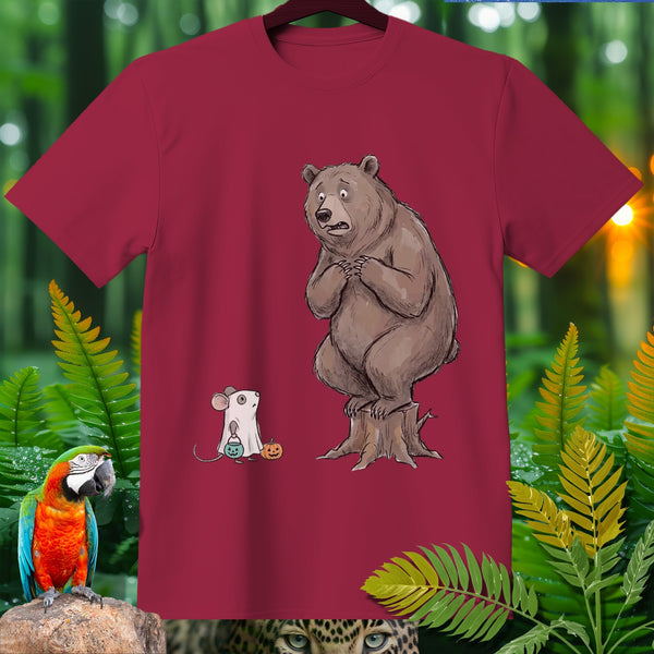 Bear on stump with nervous expression next to mouse in ghost costume with candy bag.