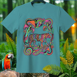 Teal t-shirt with a psychedelic tiger and mushroom design surrounded by jungle elements.