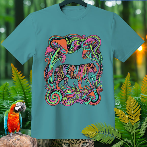 Teal t-shirt with a psychedelic tiger and mushroom design surrounded by jungle elements.