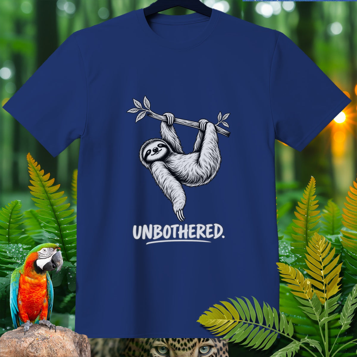 Blue t-shirt with a sloth hanging from a branch and the text "UNBOTHERED."