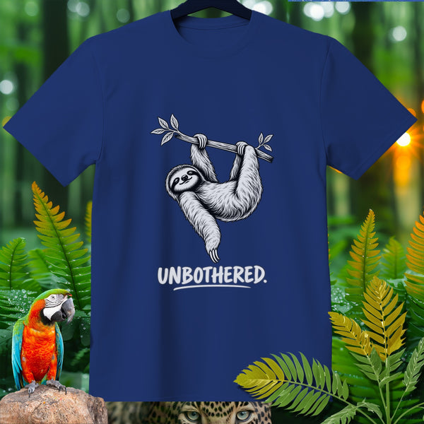 Blue t-shirt with a sloth hanging from a branch and the text "UNBOTHERED."