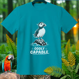 Teal t-shirt with a puffin on a rock and text 