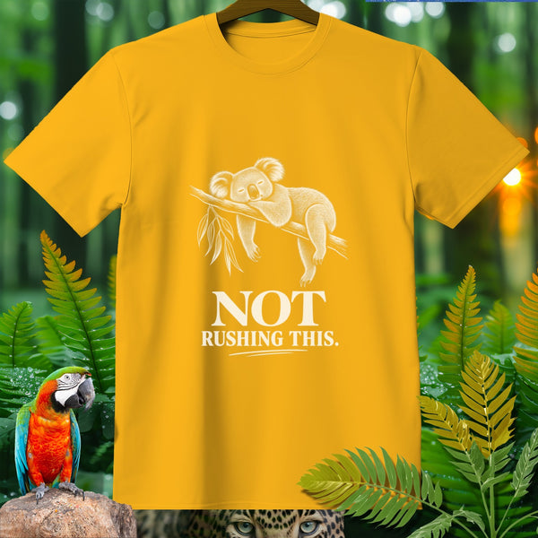 Yellow t-shirt with a sleeping koala on a branch and text "NOT RUSHING THIS.".