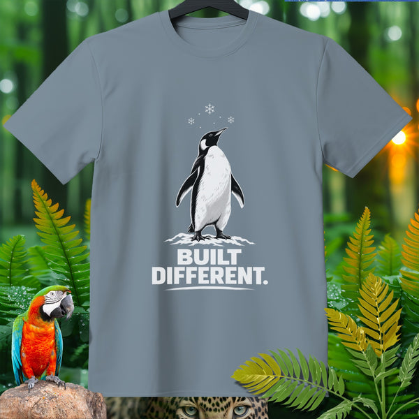 Grey t-shirt with a penguin graphic and text "BUILT DIFFERENT."