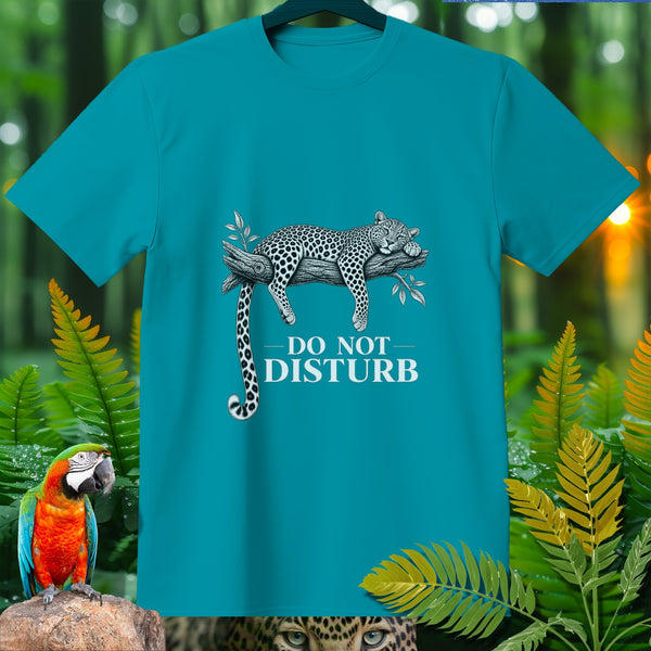 Teal t-shirt with sleeping leopard on branch and "DO NOT DISTURB" text.