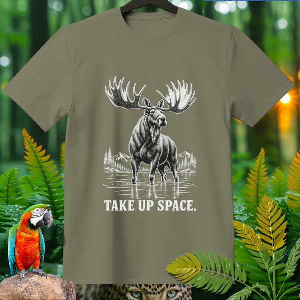 T-shirt with a graphic of a bull moose in water and text "TAKE UP SPACE.".