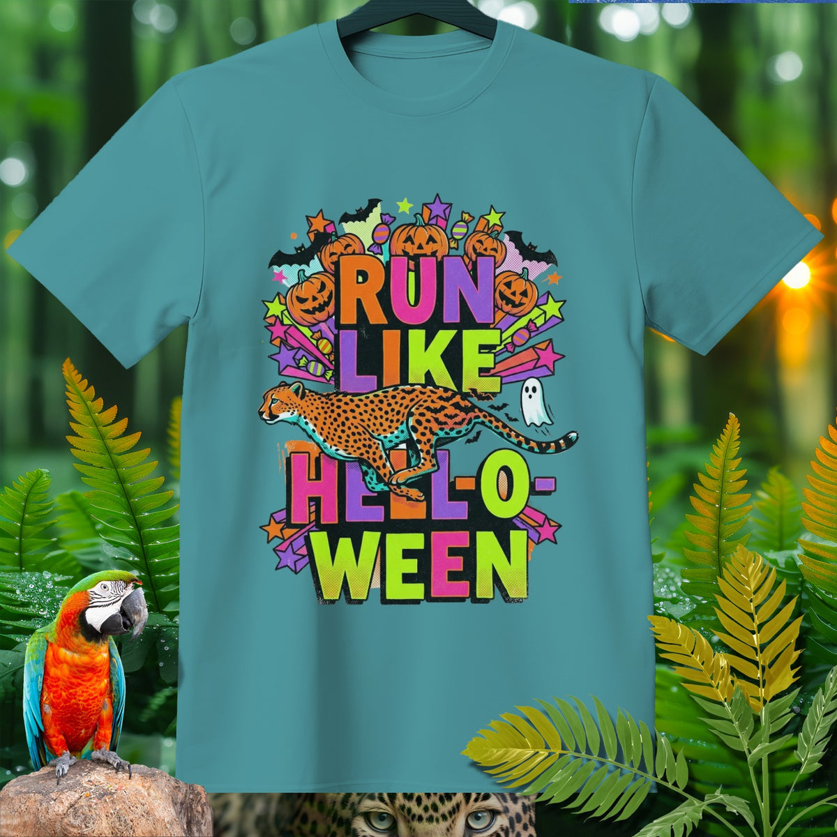 Teal t-shirt with a cheetah and "Run Like Halloween" text with pumpkins.