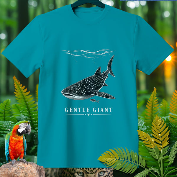 Teal t-shirt with whale shark graphic and "GENTLE GIANT" text.