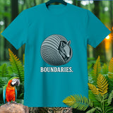 Teal t-shirt with rolled-up armadillo graphic and text 