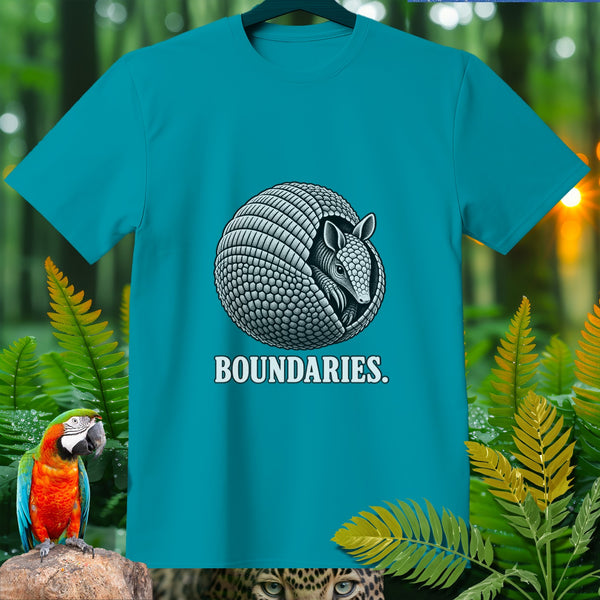 Teal t-shirt with rolled-up armadillo graphic and text "BOUNDARIES."