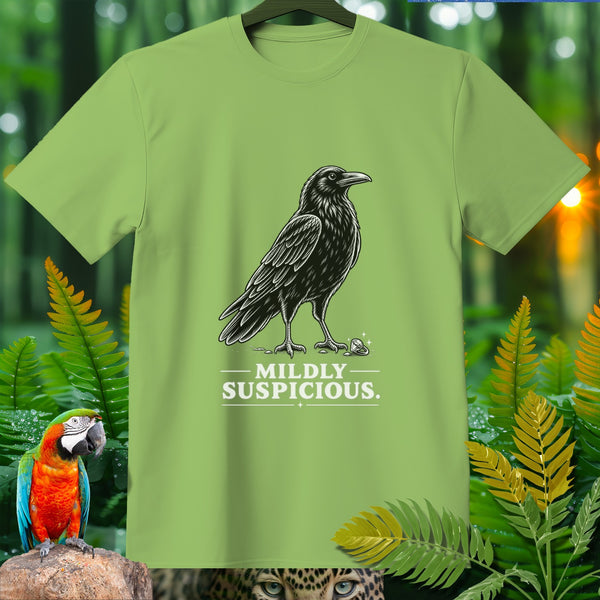 Light green t-shirt with a drawing of a crow and the text "MILDLY SUSPICIOUS."