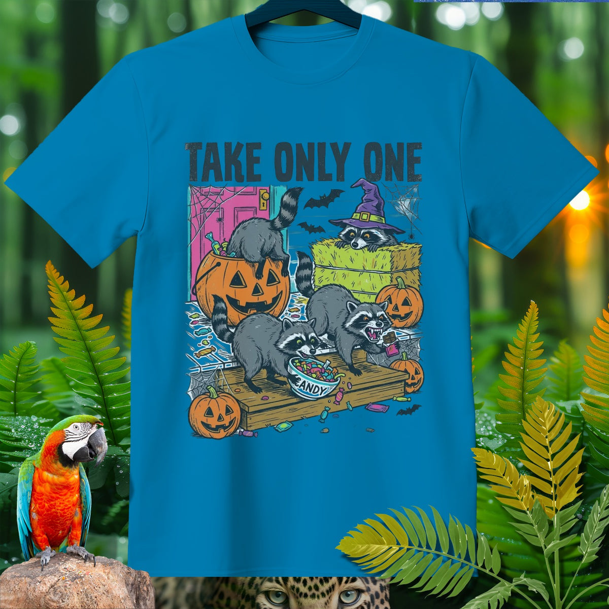 T-shirt with raccoons and pumpkins with text "TAKE ONLY ONE".