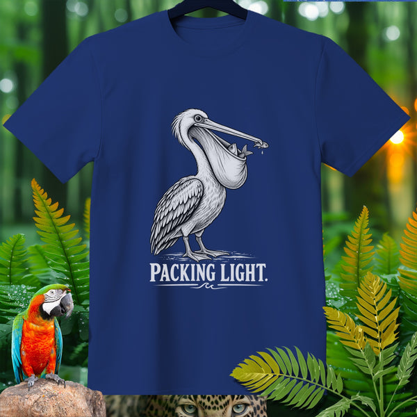 Blue t-shirt with a sketch of a pelican holding fish in its beak, text "PACKING LIGHT".