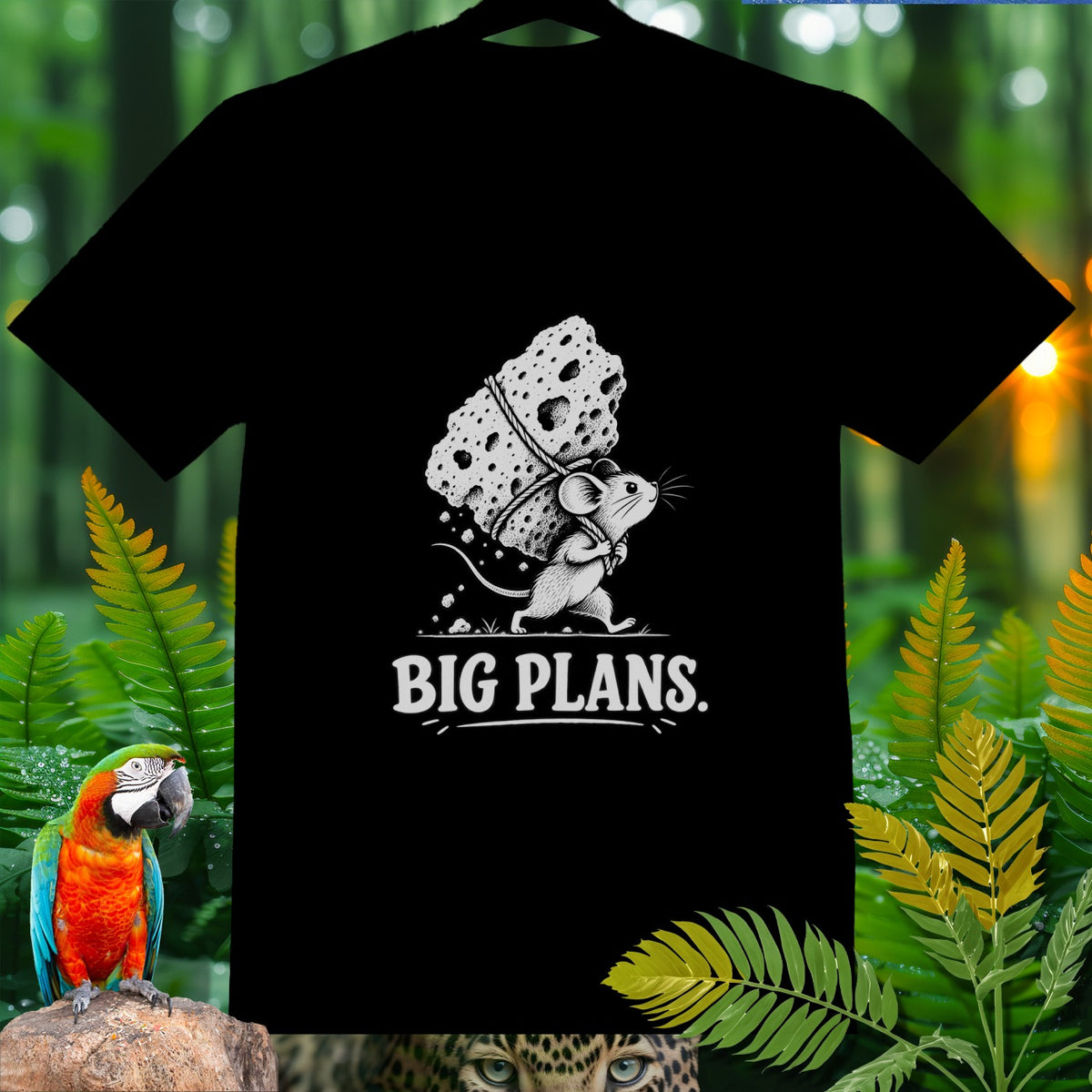 Black t-shirt with a cartoon mouse carrying cheese and the text "BIG PLANS."